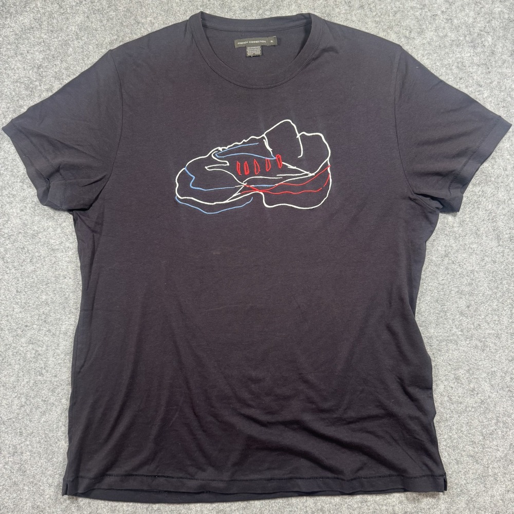 French Connection Sneaker Graphic T-Shirt XL Black Embroidered Cotton Tee